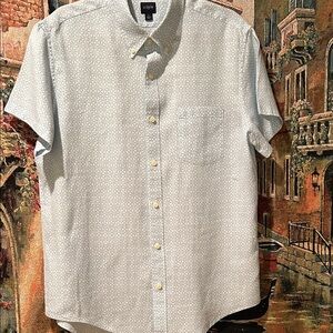 J. Crew Men's Linen Light Blue Geo Patterned Short Sleeve Shirt
